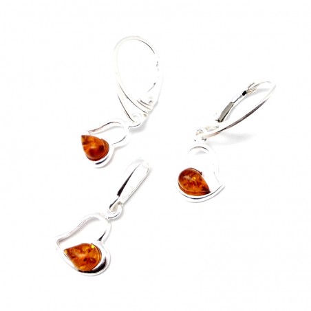 SREBRNY KOMPLET Z BURSZTYNEM BAŁTYCKIM SERCA