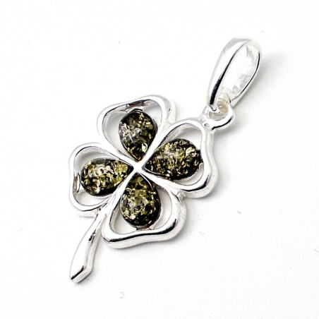 srebrny wisiorek z bursztynem koniczynka