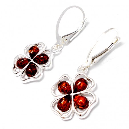 srebrne kolczyki z bursztynem koniczynka