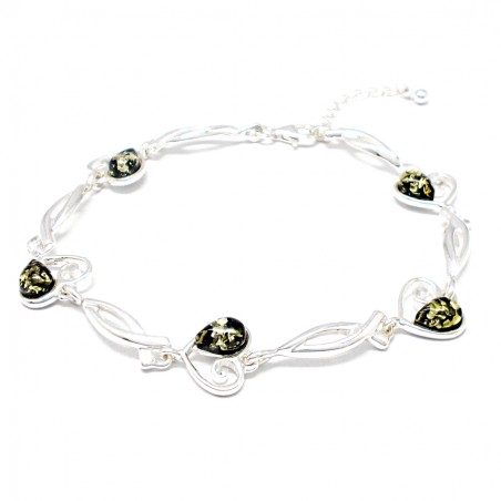 SREBRNA BANSOLETKA Z BURSZTYNEM SERCAMI