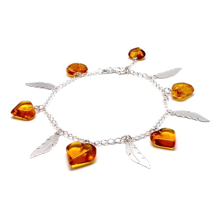 SREBRNA BRANSOLETKA Z BURSZTYNEM SERCA