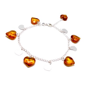 SREBRNA BRANSOLETKA Z BURSZTYNEM SERCA