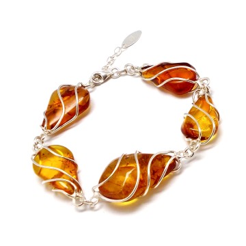 SREBRNA BRANSOLETKA Z BURSZTYNEM